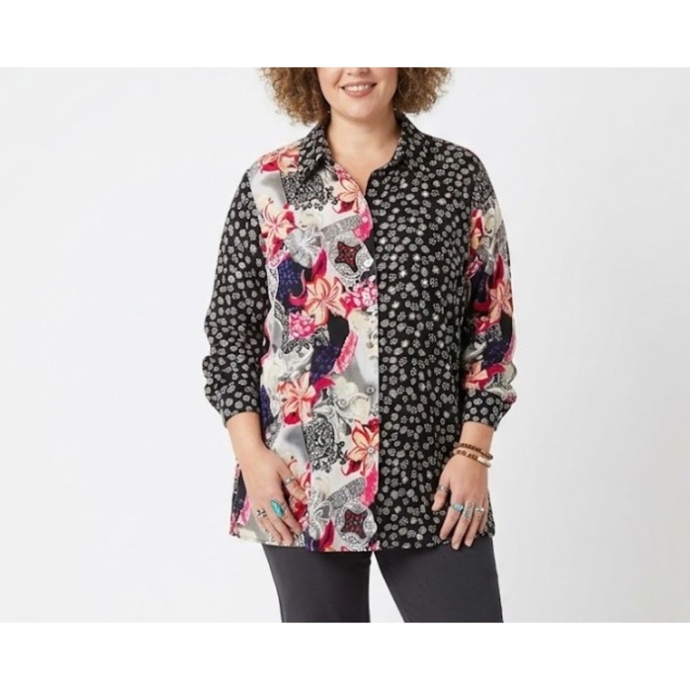 KOOS Of Course! Black Pink Floral Pure Silk Artsy BloomCore Button Down Tunic 1X